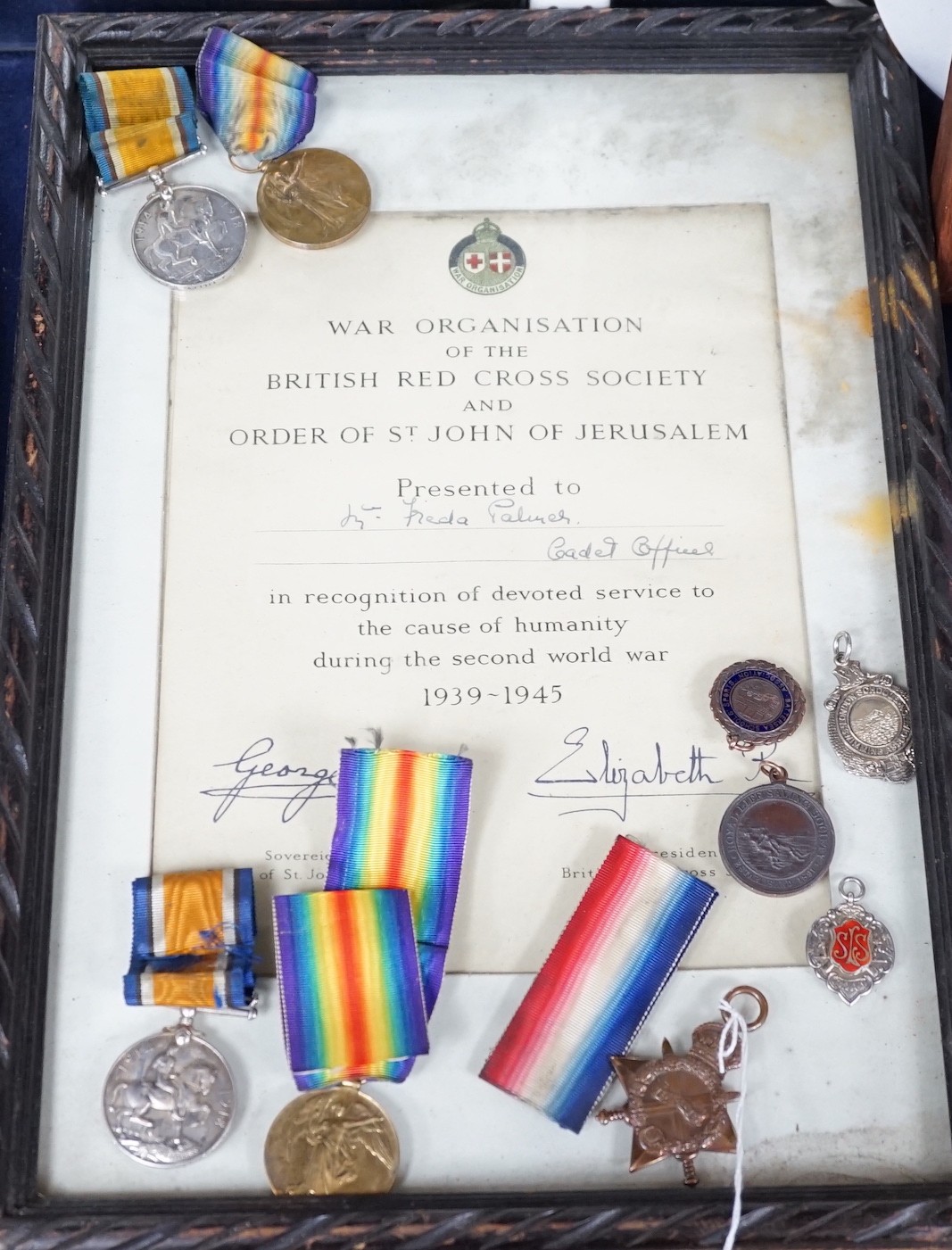 WWI medals - a pair to 254774. PTE. 1 . A.Tilley. RAF, a trio to J.12326 J.T.W.J. Wooding. A.B. R.N., A war organisation of the British Red Cross Society presentation certificate and other medals
